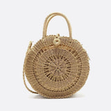 Round Handwoven Cord Bag – Boho Tote with Dual Handles & Strap