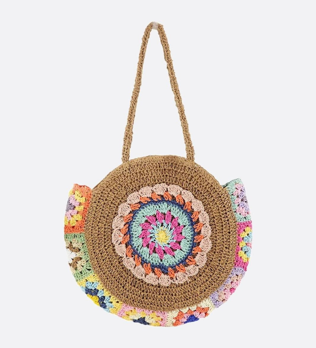 Round Crochet Woven Bag – Boho Shoulder Tote with Colorful Detailing