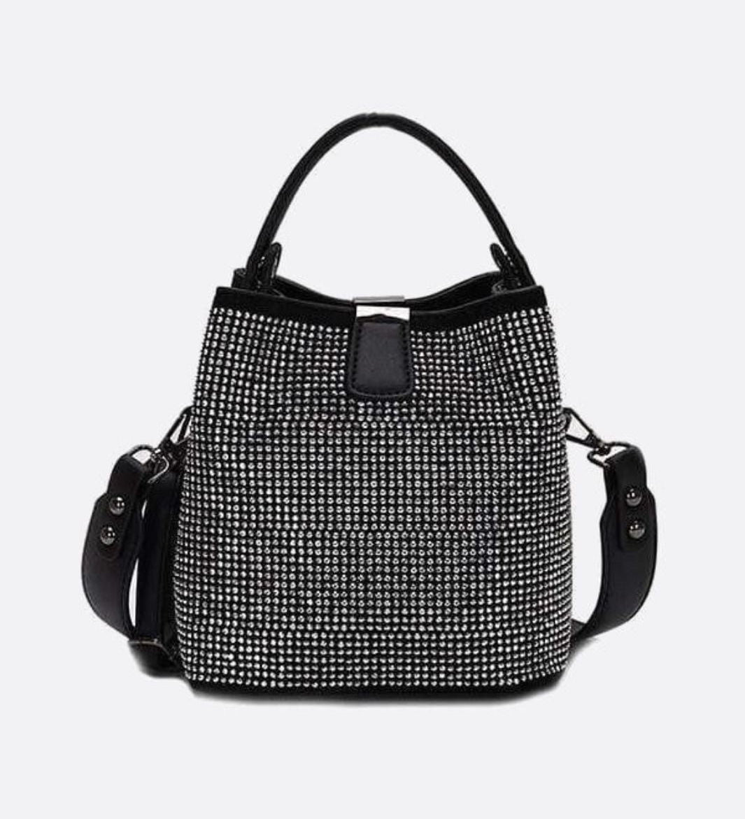 Black Rhinestone Bucket Bag – Sparkly Evening Shoulder Bag