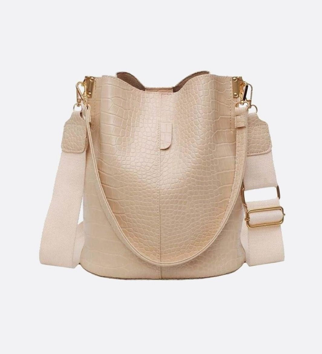 Croc-Embossed Bucket Bag – Faux Leather Shoulder Bag with Wide Strap
