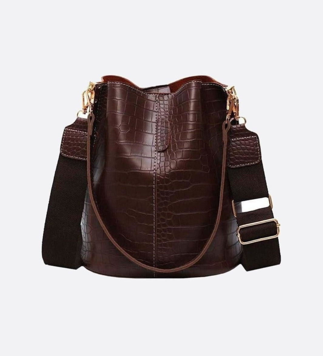 Croc-Embossed Bucket Bag – Faux Leather Shoulder Bag with Wide Strap