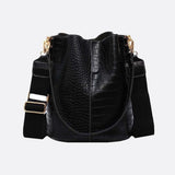 Croc-Embossed Bucket Bag – Faux Leather Shoulder Bag with Wide Strap