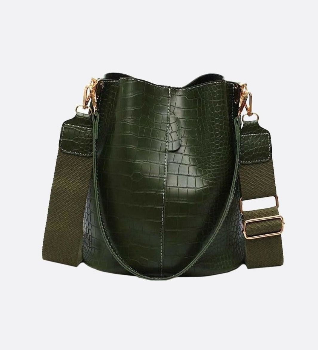 Croc-Embossed Bucket Bag – Faux Leather Shoulder Bag with Wide Strap