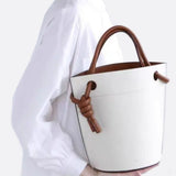 White Minimalist Bucket Bag – Faux Leather with Knotted Handle Detail