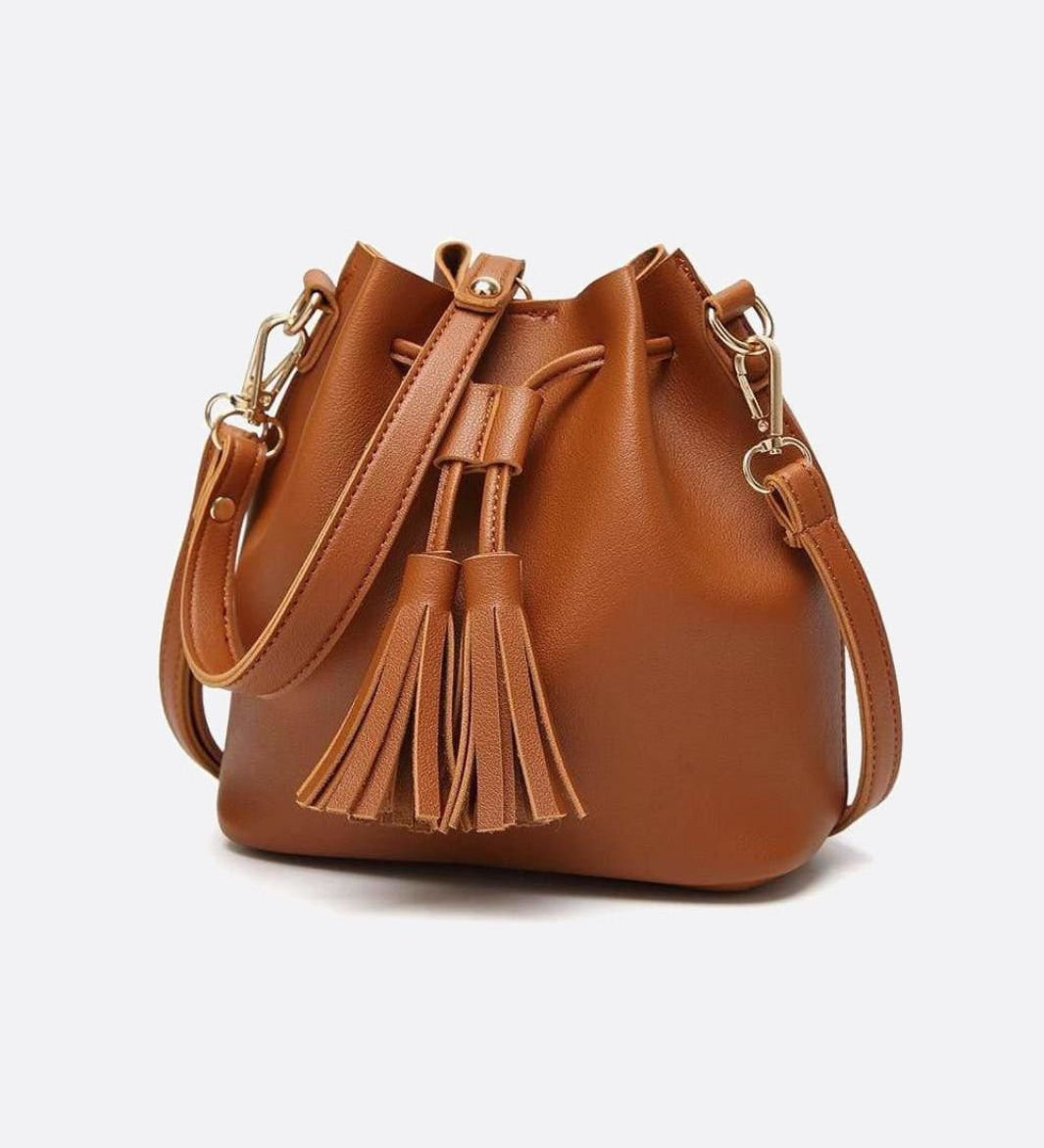 Camel Leather Bucket Bag with Tassels – Chic, Compact & Versatile