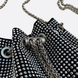 Drawstring bucket bag with rhinestones and chain strap