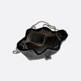 Drawstring bucket bag with rhinestones and chain strap