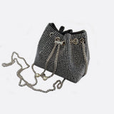 Drawstring bucket bag with rhinestones and chain strap