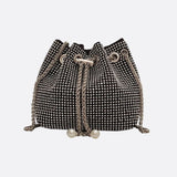 Drawstring bucket bag with rhinestones and chain strap