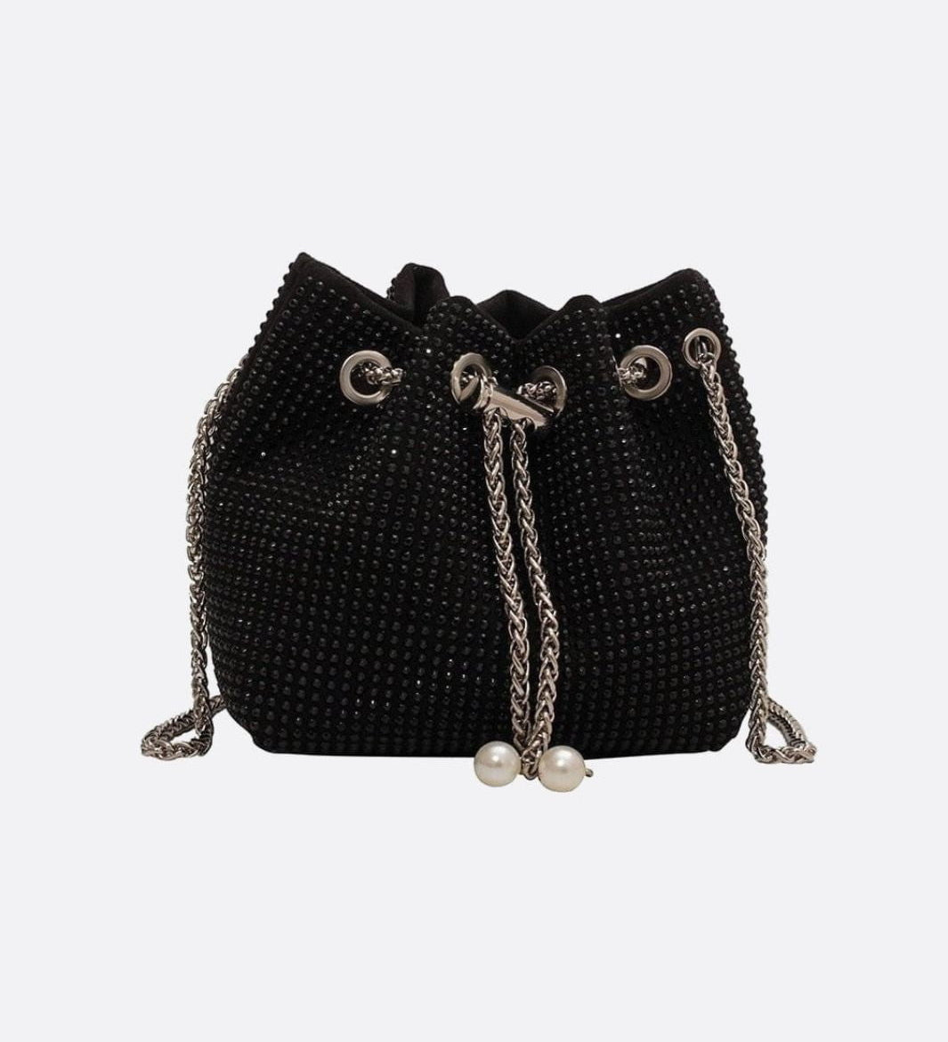 Drawstring bucket bag with rhinestones and chain strap