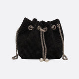 Drawstring bucket bag with rhinestones and chain strap