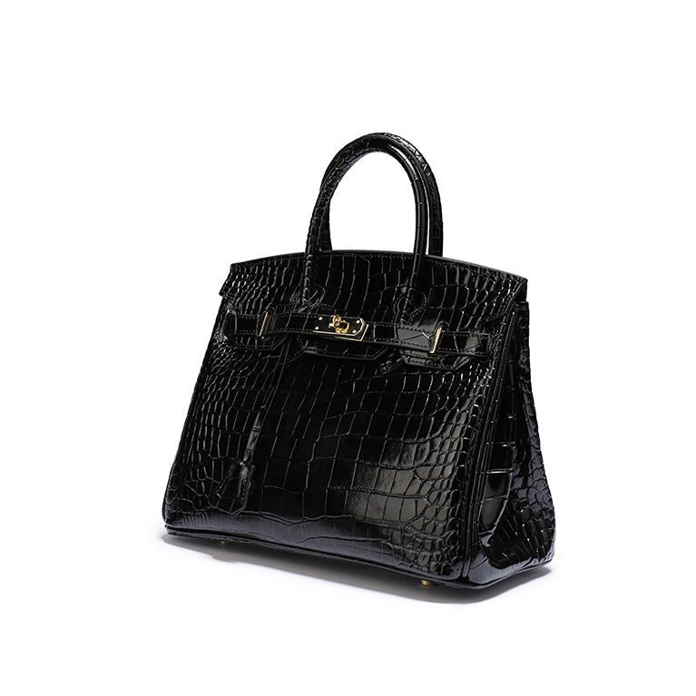 Black Croc Embossement Leather Handbags Metal Lock Satchel Bag - from Aurora-Bags for sale at Aurora-Bags