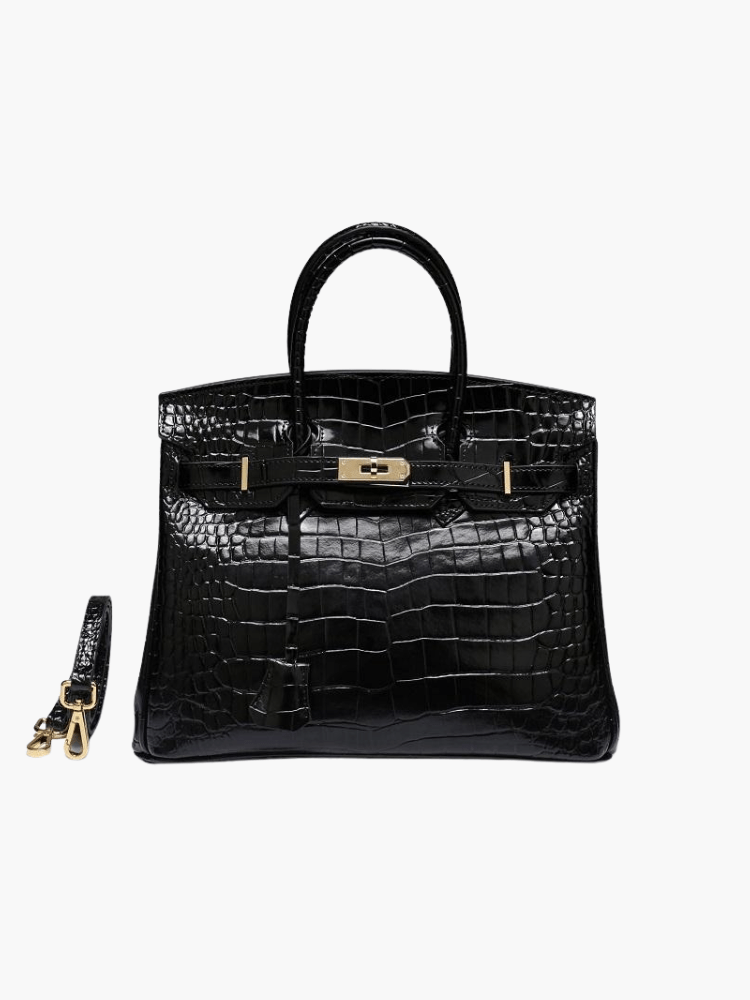 Black Croc Embossement Leather Handbags Metal Lock Satchel Bag - from Aurora-Bags for sale at Aurora-Bags