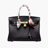 Isabella| Luxury Black Leather Handbag with Silk-Wrapped Handle