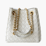 The Chantall | Luxury White Woven Leather Bucket Bag – Elegant & Versatile