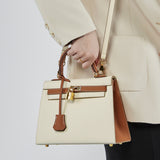 The Kelly |  Leather  Ivory & Tan Top Handle Bag – Classic & Sophisticated
